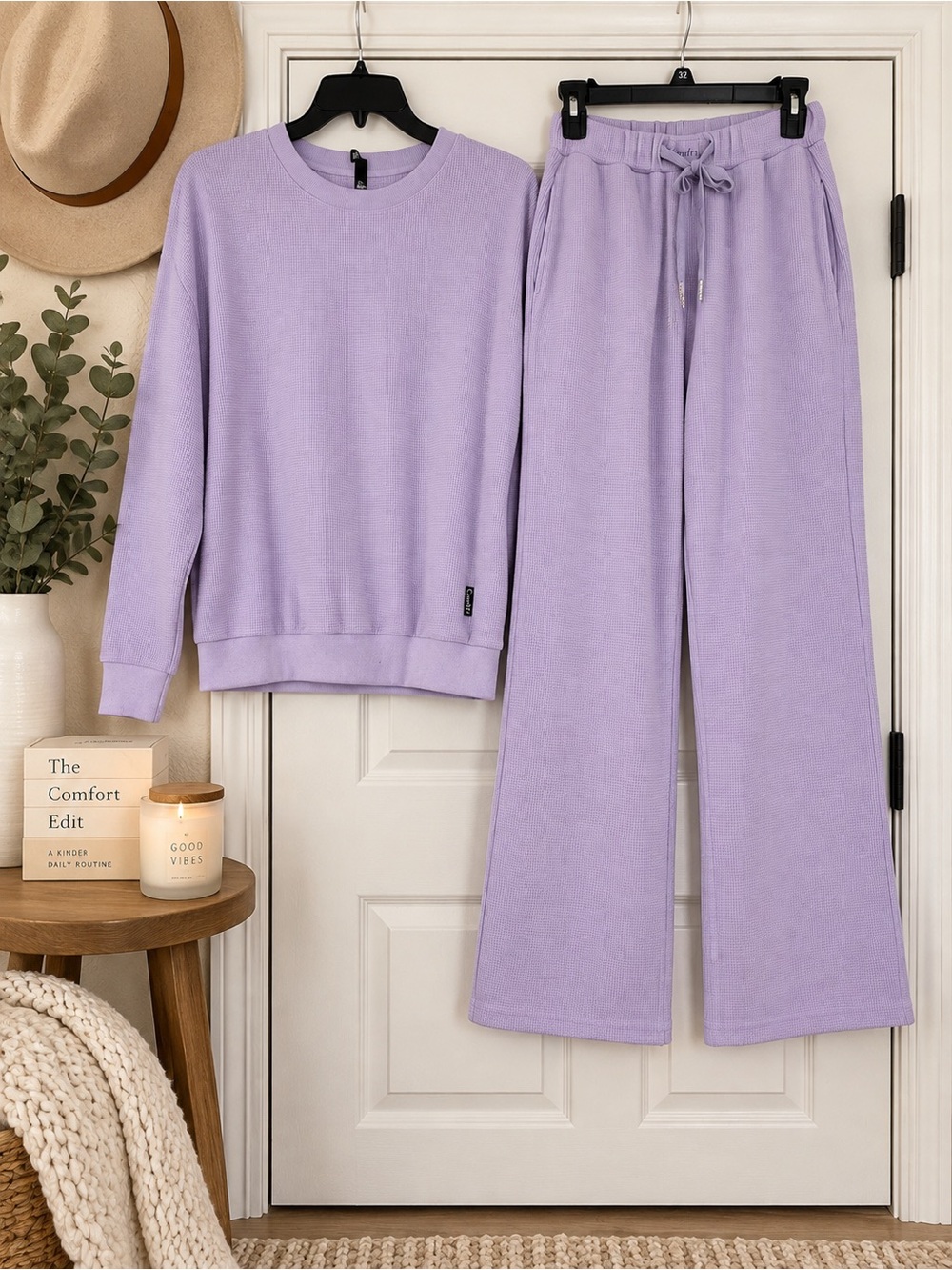 Lavender Cozy Knit Women’s lounge Pajama Set with Drawstring Pants
